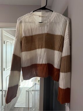 moon & madison Open-Knit Crewneck Sweater in White, Tan, Brown, and Rust